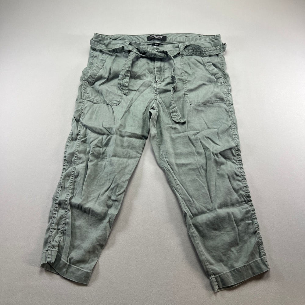Liverpool Los Angeles Cropped Pants Womens 14/32 Olive Green Belted Mid Rise